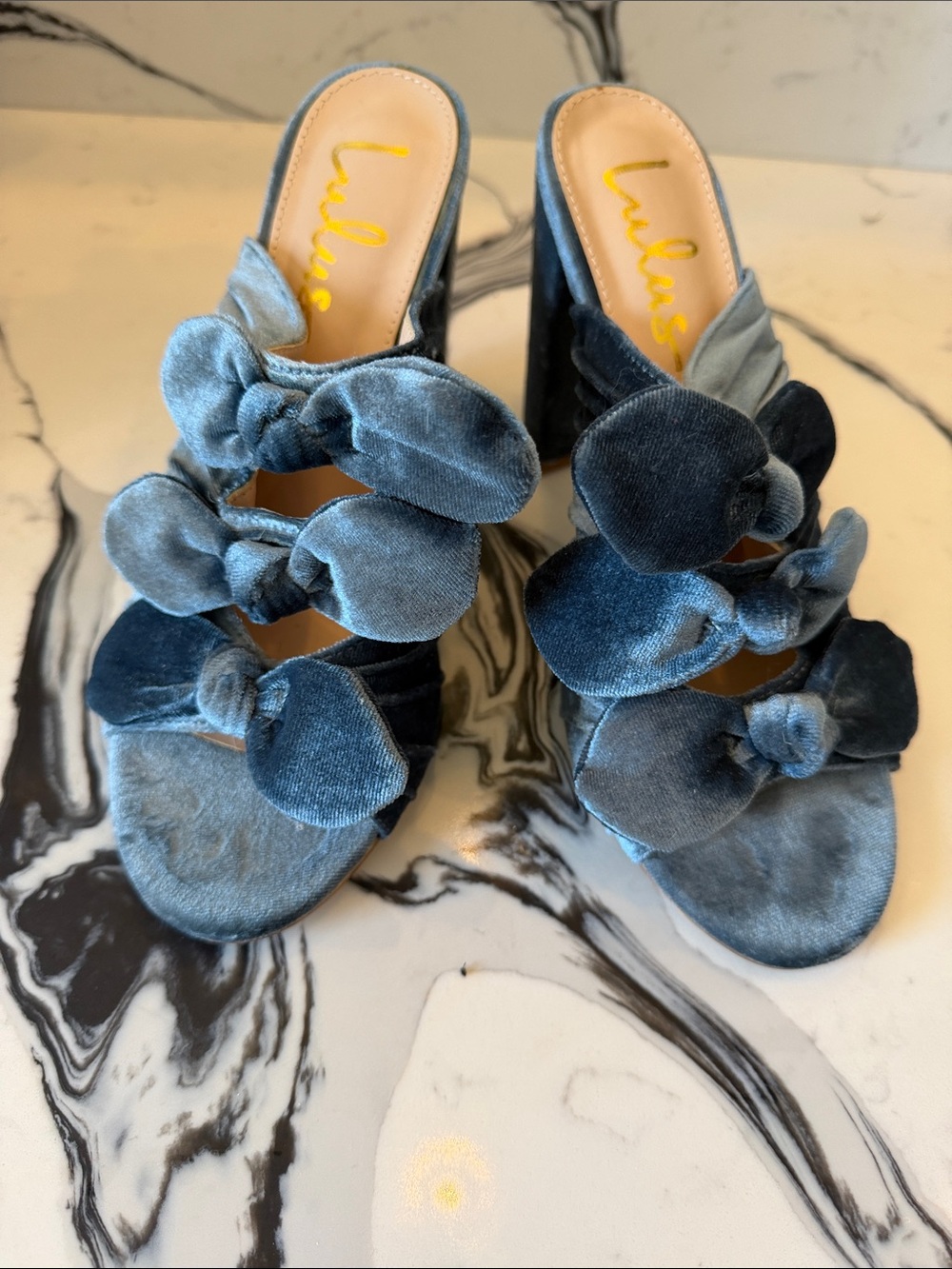 Lulu's Blue Velvet Bow Slide Heels